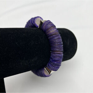 Purple Shell Stretch Bracelet Silver Tone Spacers Statement Bangle .5" Thickness